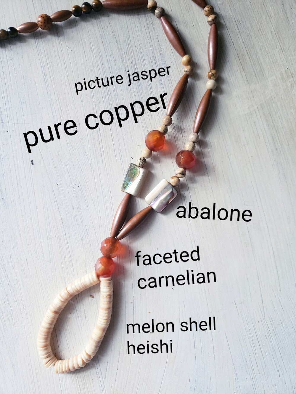 Pure Copper With Carnelian And Melon Heishi Necklace